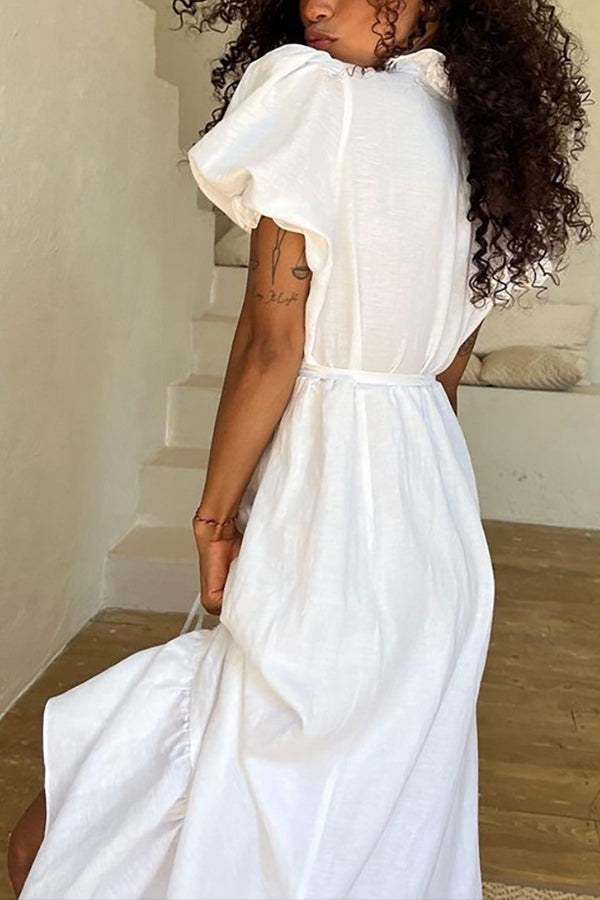 Ruffled Trim V Neck Puff Sleeve Tie Up A-Line Midi Dresses-White