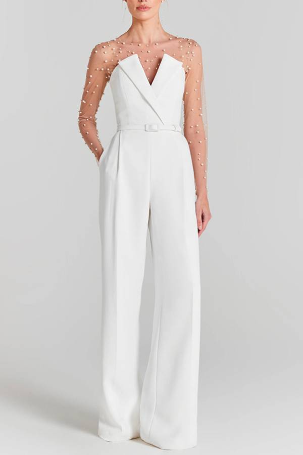 V Neck Strapless Pocketed Wide Leg Jumpsuit