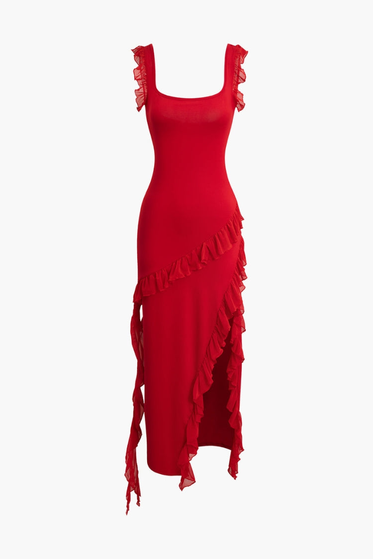 Ärmelloses Maxikleid mit Rüschenbesatz, quadratischem Ausschnitt und Schlitz 
