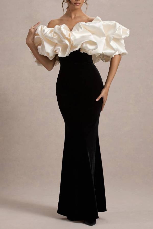 Cecily Velvet Off Shoulder Satin Structured Bardot Neck Stretch Maxi Dress