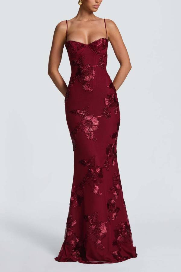 3D Floral Embroidered Lace-Up Backless Mermaid Evening Gown