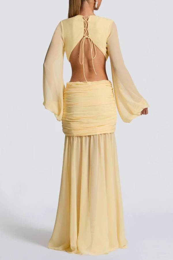 Deep V Lantern Sleeve Chiffon Cutout Maxi Evening Dress