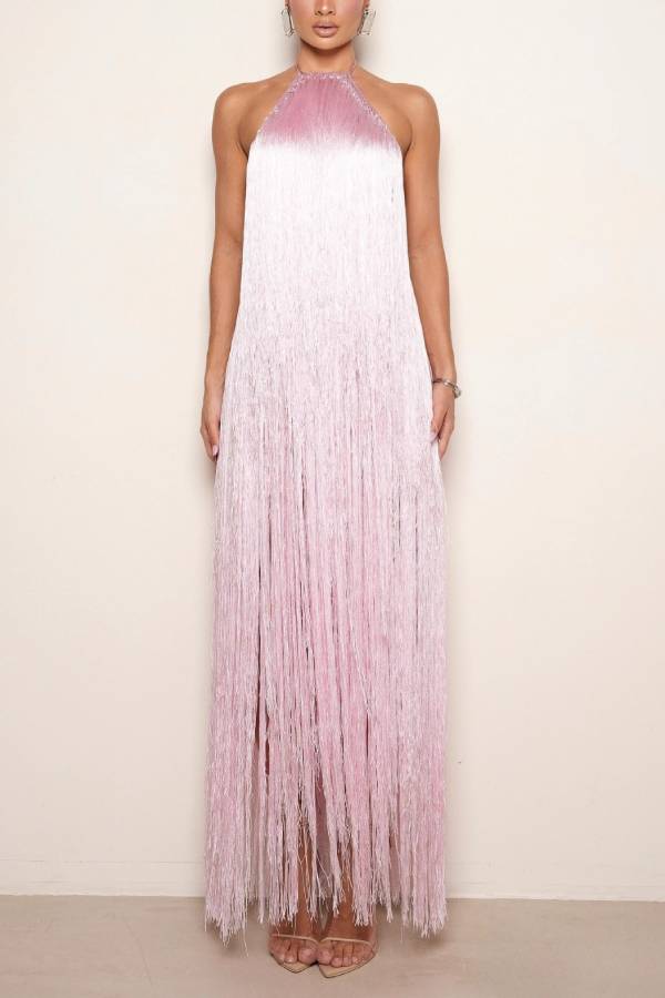Pink Ombre Fringe Halter Backless Slit Maxi Evening Dress