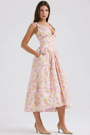 Sleeveless V Neck Cinch Waist Floral Print Midi Dresses