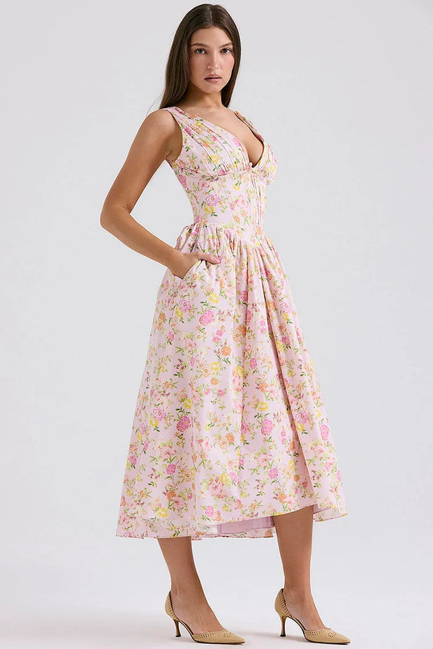 Sleeveless V Neck Cinch Waist Floral Print Midi Dresses