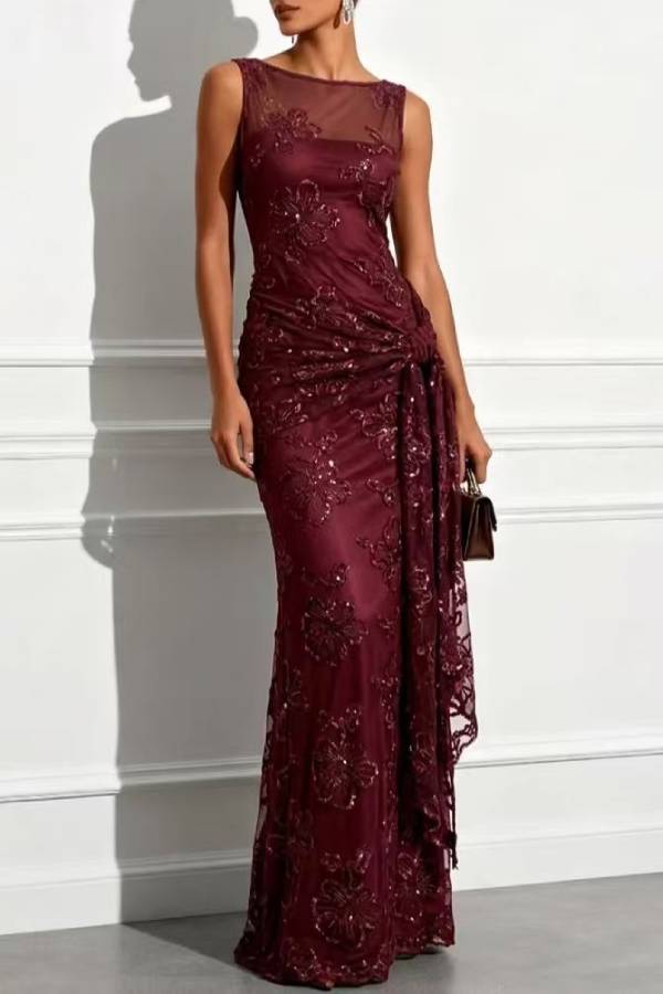 Solana Sequin Jacquard Boat Neck Sleeveless Tie-up Hem Sheath Floor-length Gown Dress