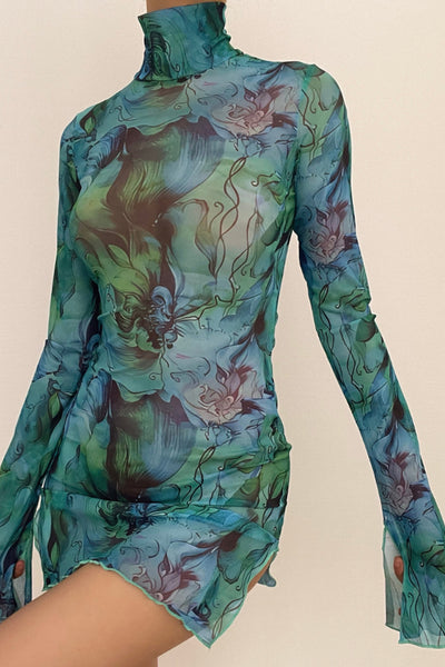 Sheer mesh see through print high neck slit long sleeve mini dress