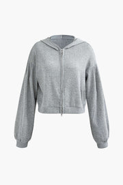 Solid Bra top And Zip Up Hoodie And Biker Shorts 3pc Set