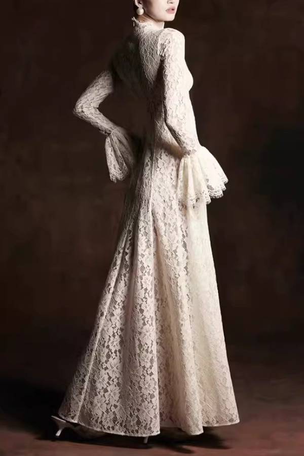 High Neck Flare‑Sleeve Lace Long Evening Dress