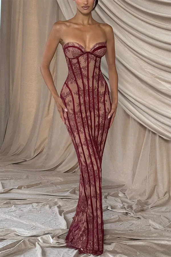 Sian Floral Lace Contrast Structural Detail Back Lace-up Strapless Slit Maxi Dress