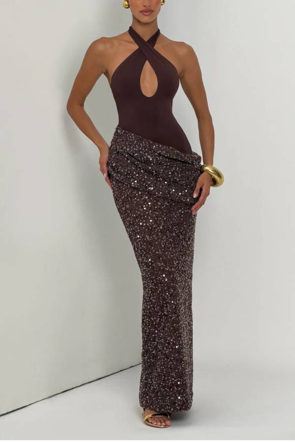 Solea Stretch Jersey Ruched Sequin Embellished Hem Adjustable Halter Maxi Dress