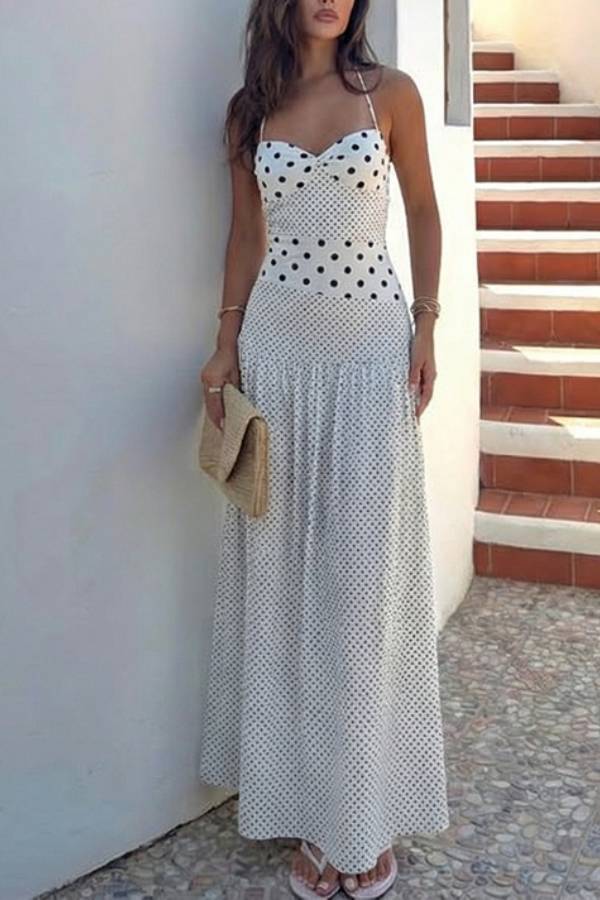 Retro Polka Dot Halter Neck Bustier Maxi Dress
