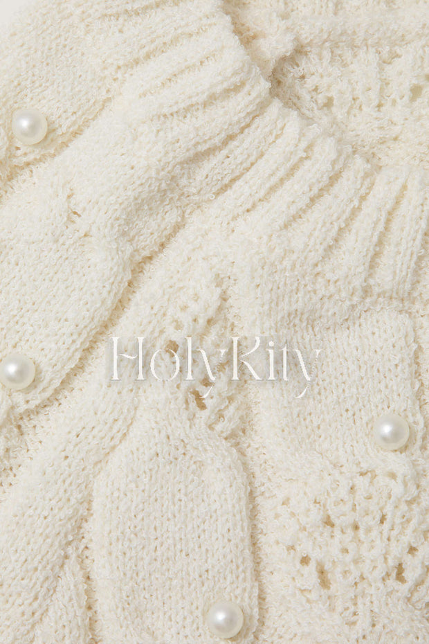 Pearl Embellished Open Knit Tie Back T-Shirt
