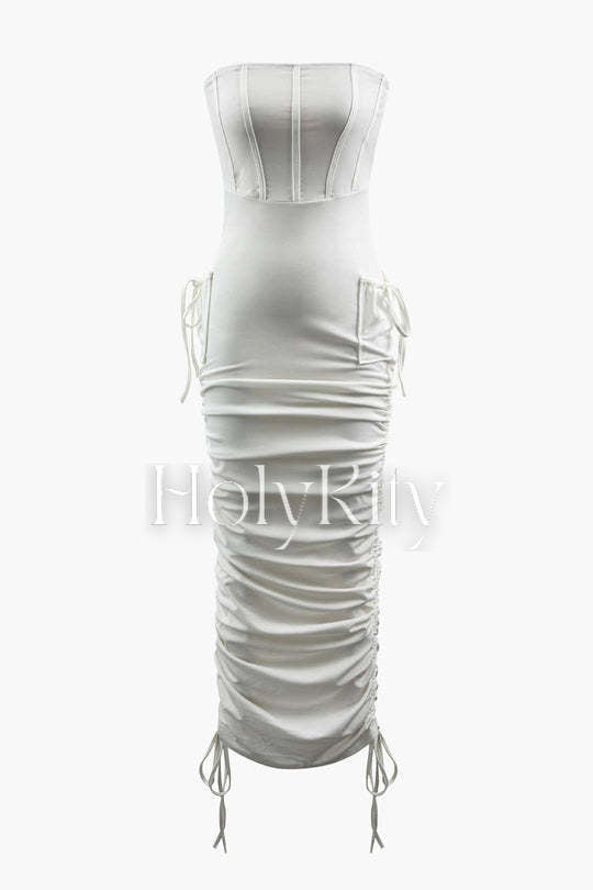 Corset Ruched Drawstring Strapless Maxi Dress