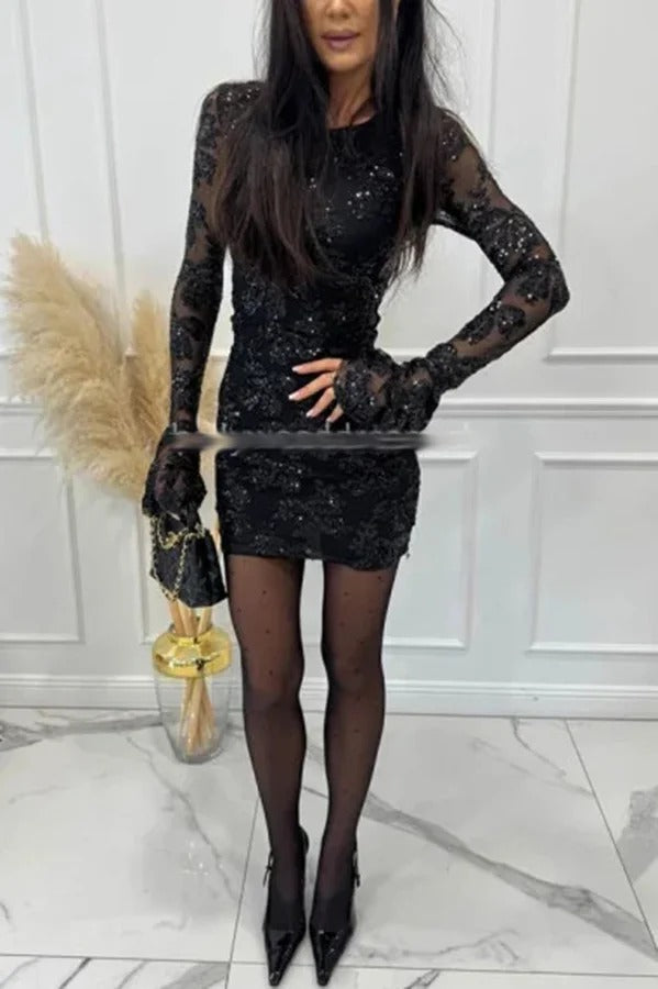 Deep and Dazzling Floral Texture Sequin Long Bell Sleeve Open Back Mini Dress