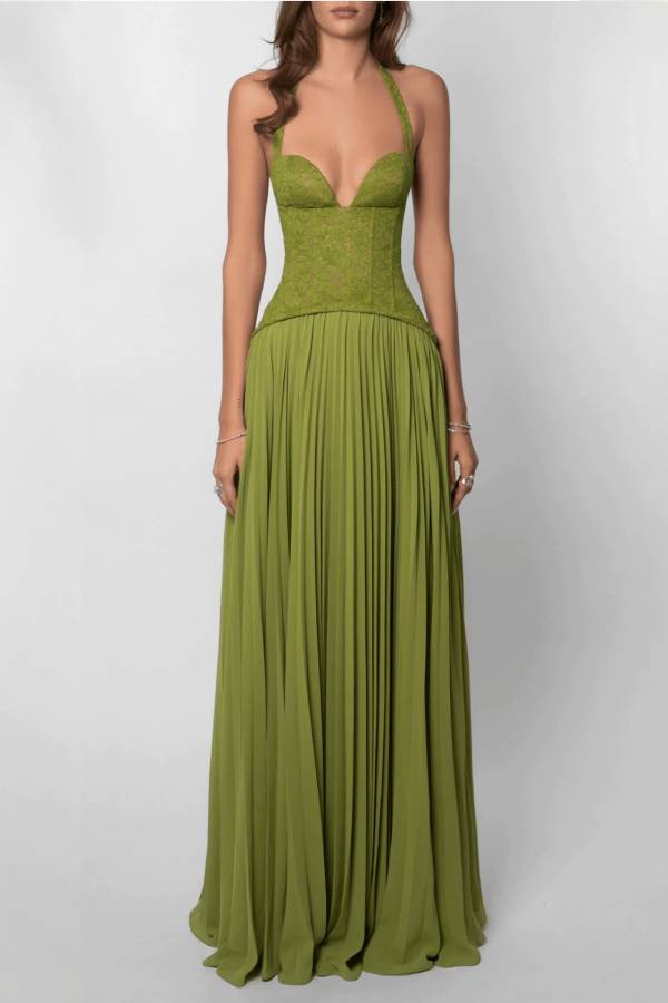 Halter Lace Corset Pleated Chiffon Maxi Evening Gown