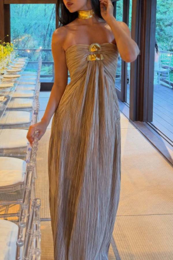 Metallic Hardware Pleated Strapless Maxi Dress Luxury Evening Party Gown