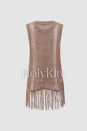 Fringe Hem Openwork Knit Tank Top