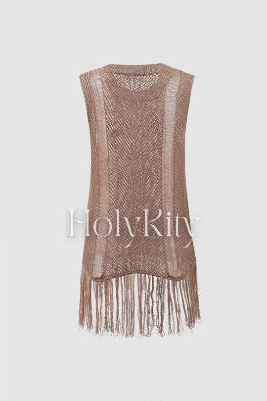Fringe Hem Openwork Knit Tank Top