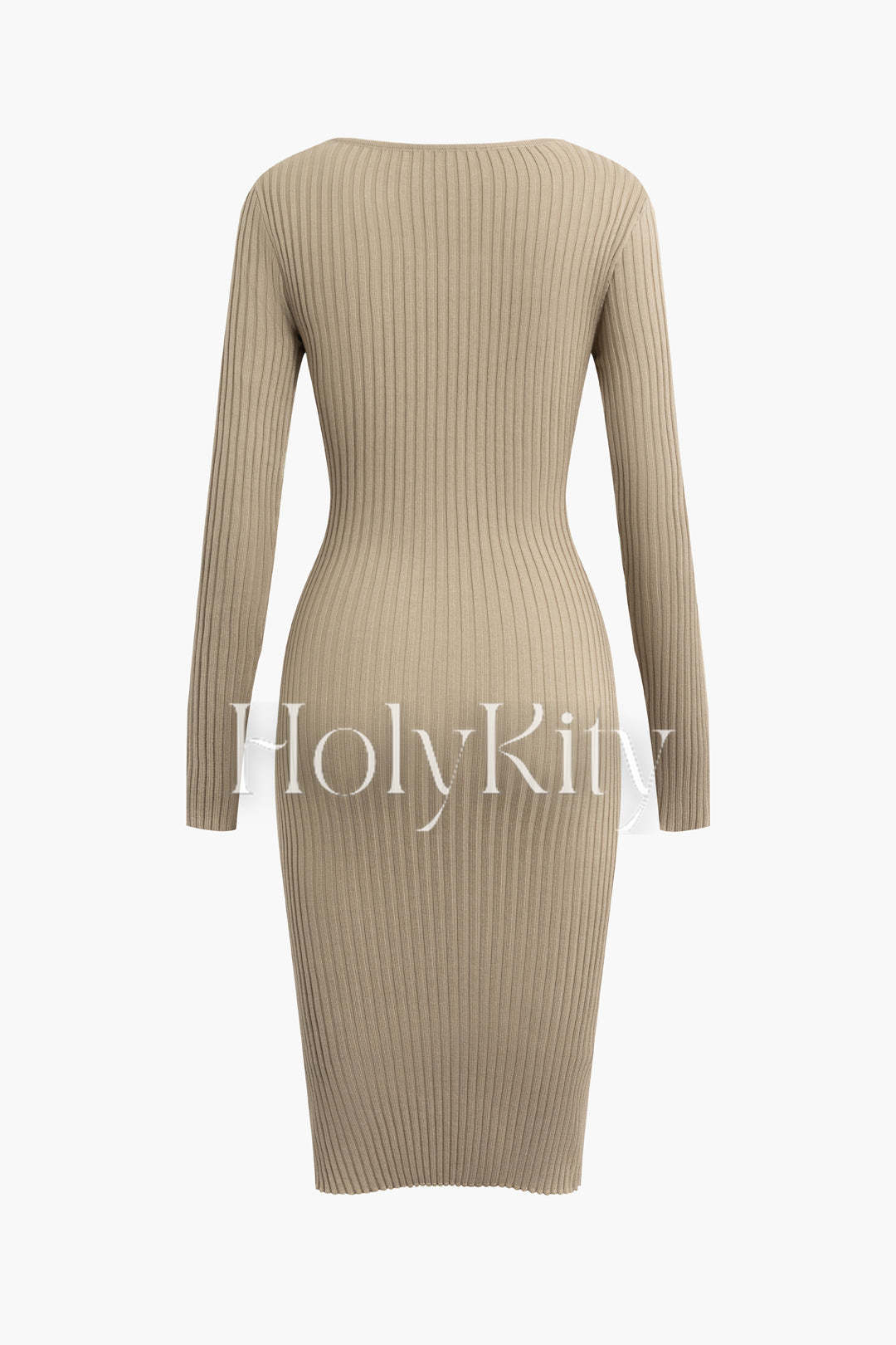 Langärmliges Rippstrick-Midikleid mit V-Ausschnitt 