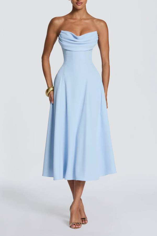 Marlowe Pleated Cowl Neck Strapless Back Lace-up Midi Dress