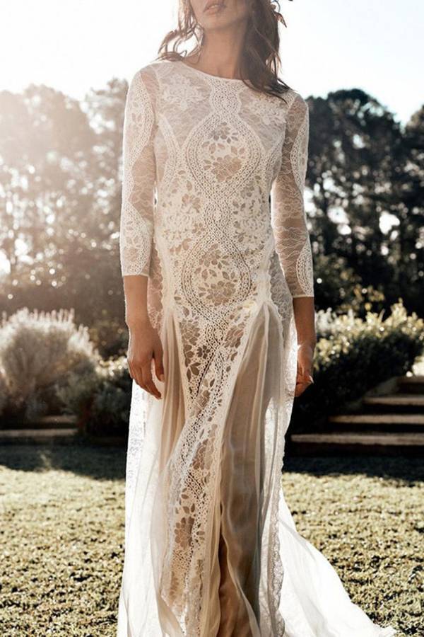 Lace open back long sleeve fairy trailing wedding dress