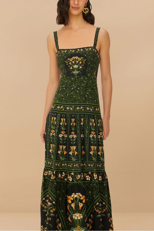 Tropical Look Linen Blend Floral Print Square Neck Back Smocked Midi Dress