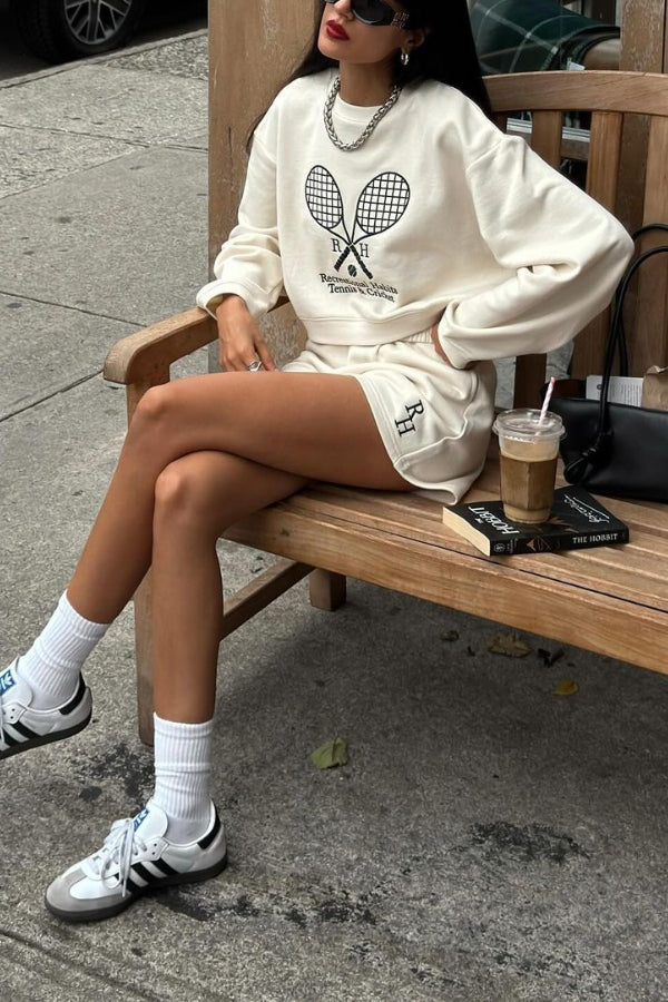 Vintage Casual Embroidered Sweatshirt And Sports High-waisted Shorts Set