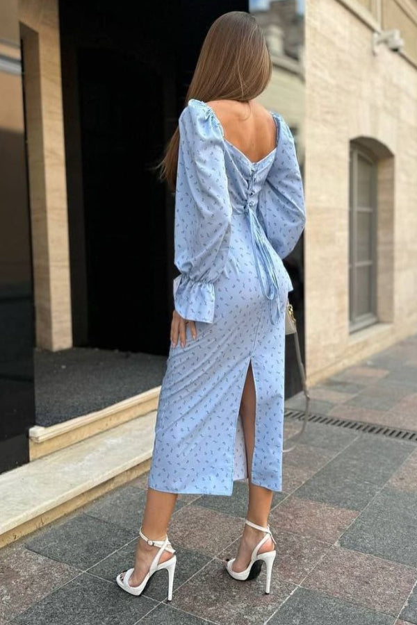 Floral Square Neck Tie-Up Trumpet Sleeve Midi Dress