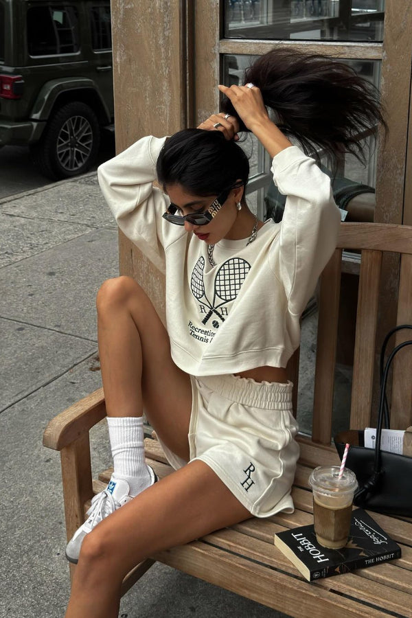 Vintage Casual Embroidered Sweatshirt And Sports High-waisted Shorts Set