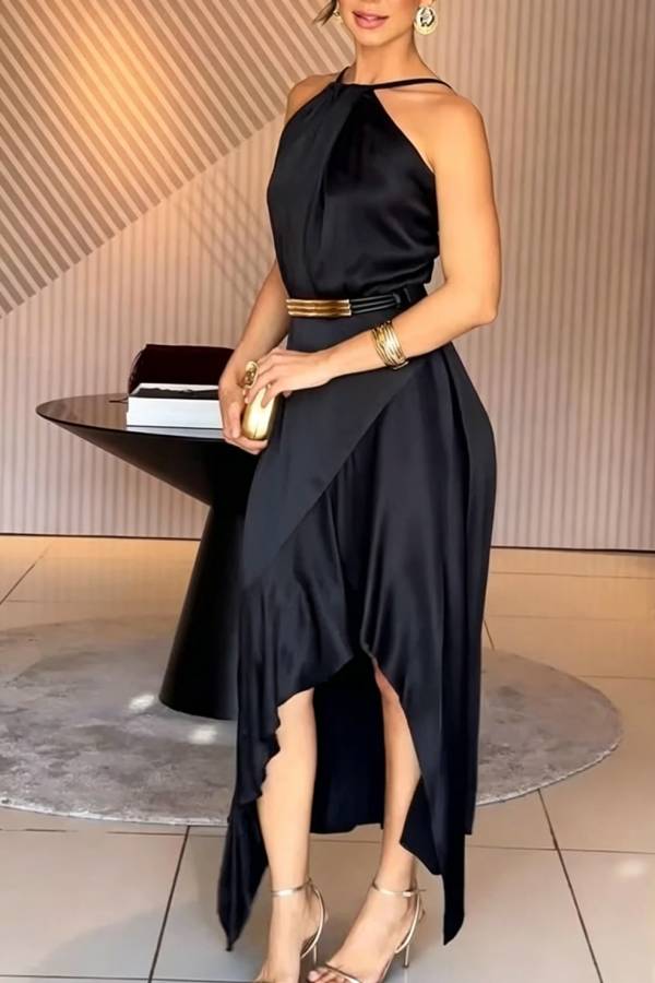 Terez Satin Metallic Belt Halter Neck Irregular Hem Slit Maxi Dress