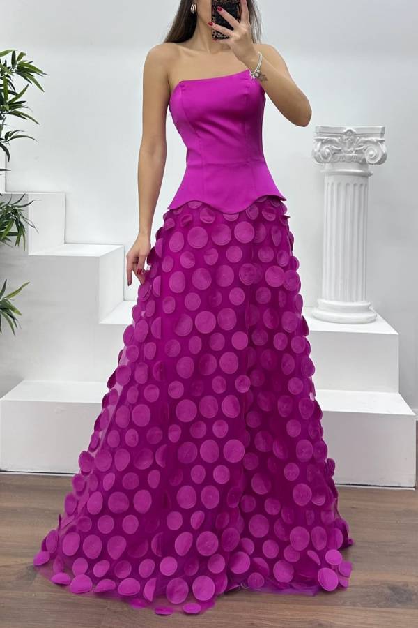 Hearts Aflutter Satin 3D Polka Dot Tulle Hem Strapless Evening Gown Maxi Dress