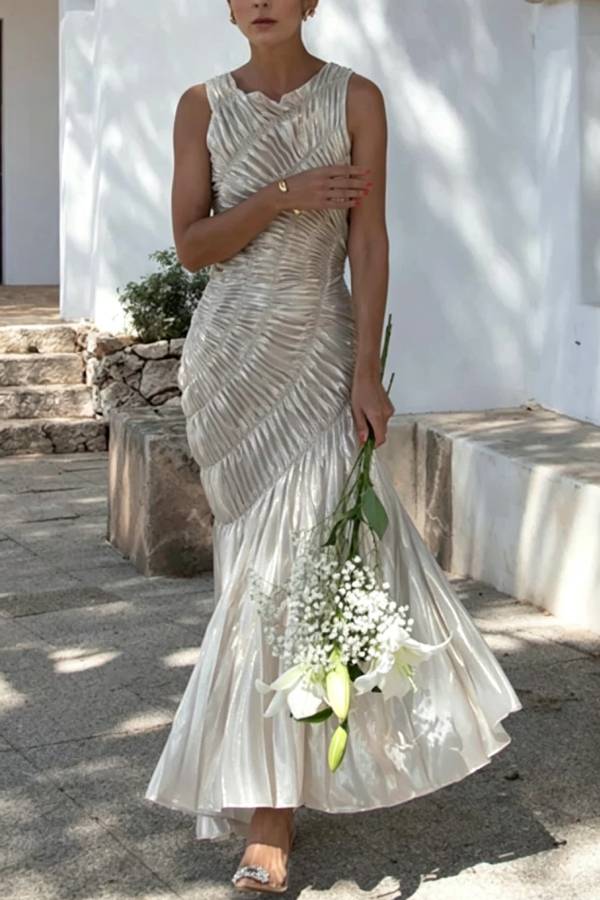 Fossil Metallic Fabric Radial Pleated Pattern Crew Neck Sleeveless Maxi Dress