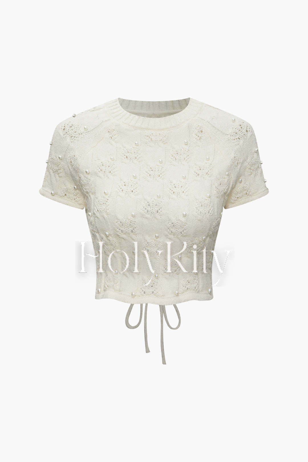 T-shirt noué dans le dos en maille ajourée ornée de perles 