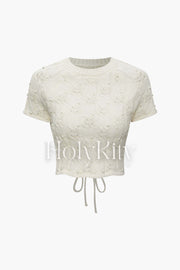 Pearl Embellished Open Knit Tie Back T-Shirt