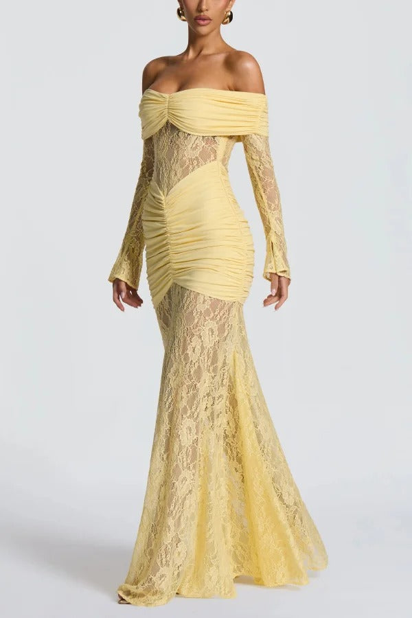 Solid Color Patchwork Lace Off-shoulder Long-sleeved Pleated Slim-fit Maxi Dress