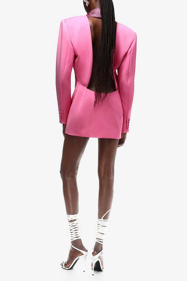 DEEP V NECK RHINESTONE DOUBLE BREASTED LONG SLEEVE BLAZER MINI DRESSES