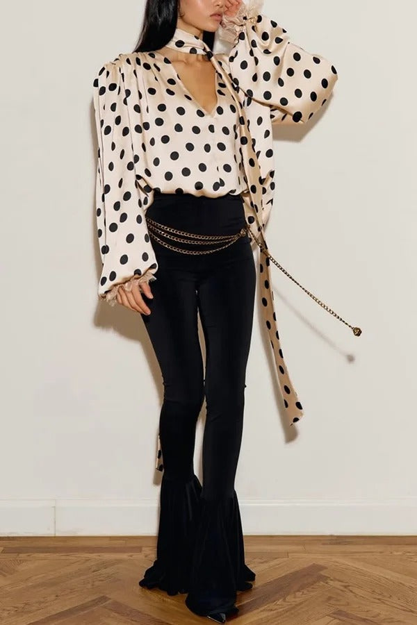 Chrissa Satin Polka Dot Print Lace Trim Tie-up Neck Balloon Sleeve Loose Blouse