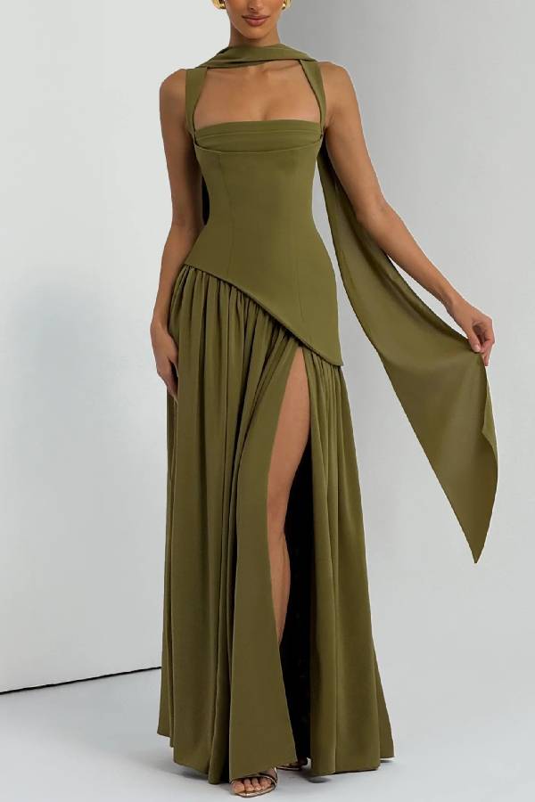 Halter Square Neck Fitted Slit Long Evening Gown