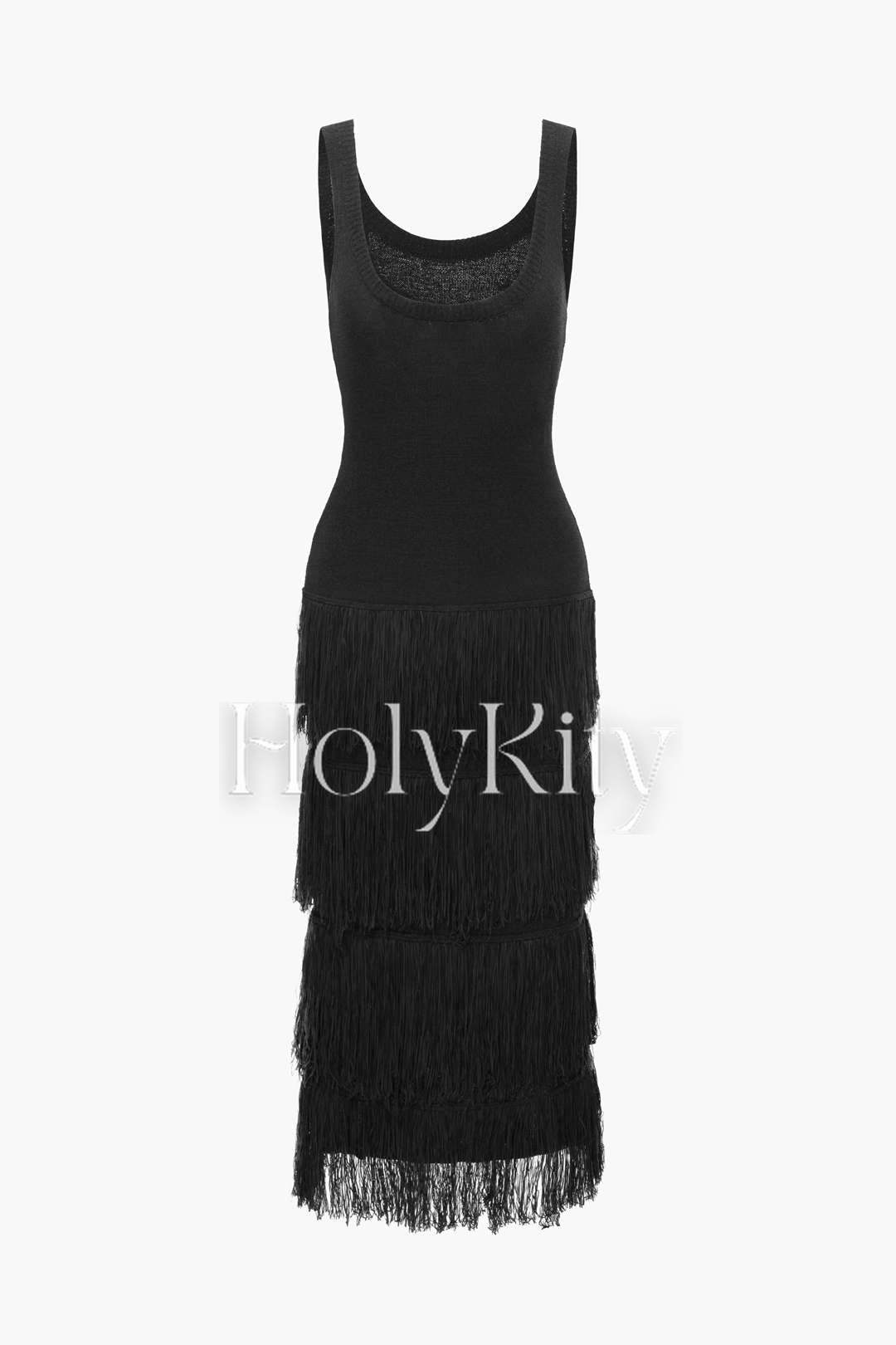 Maxikleid mit U-Ausschnitt und Fransensaum 