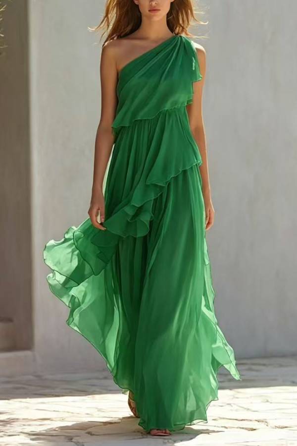 One Shoulder Ruffle Chiffon Maxi Dress
