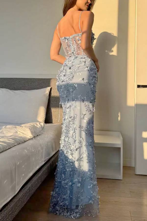 3D Floral Beaded Corset Strap Mermaid Evening Gown
