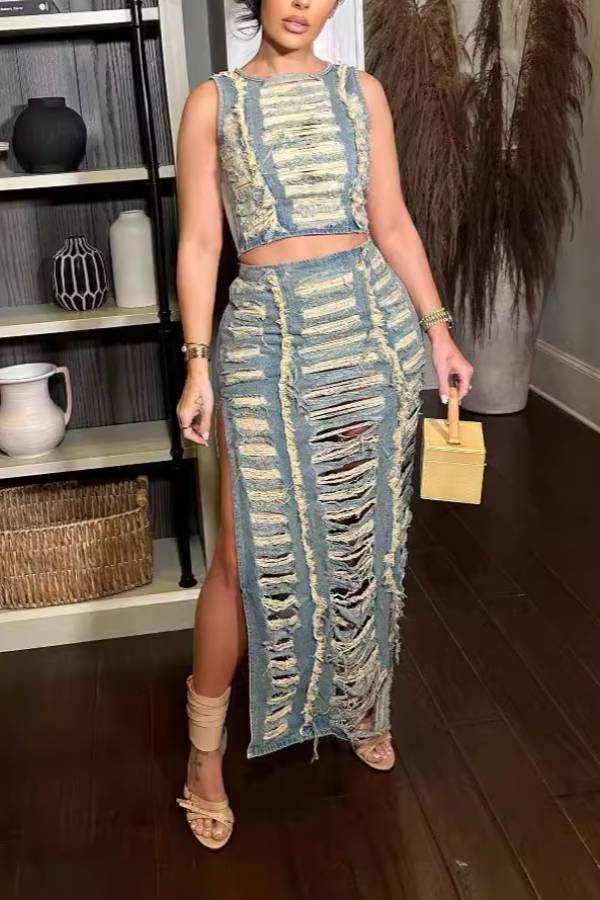 Distressed Sleeveless Top + Slit Long Skirt Two-Piece Set