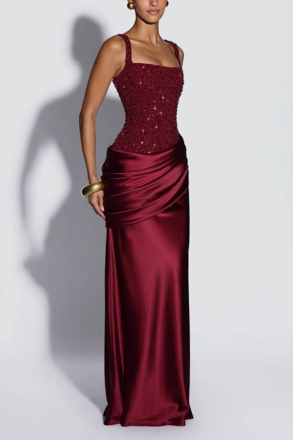 Alexandria Sequin Square Neck Back Lace-up Satin Drape Cowl Overlay Maxi Dress