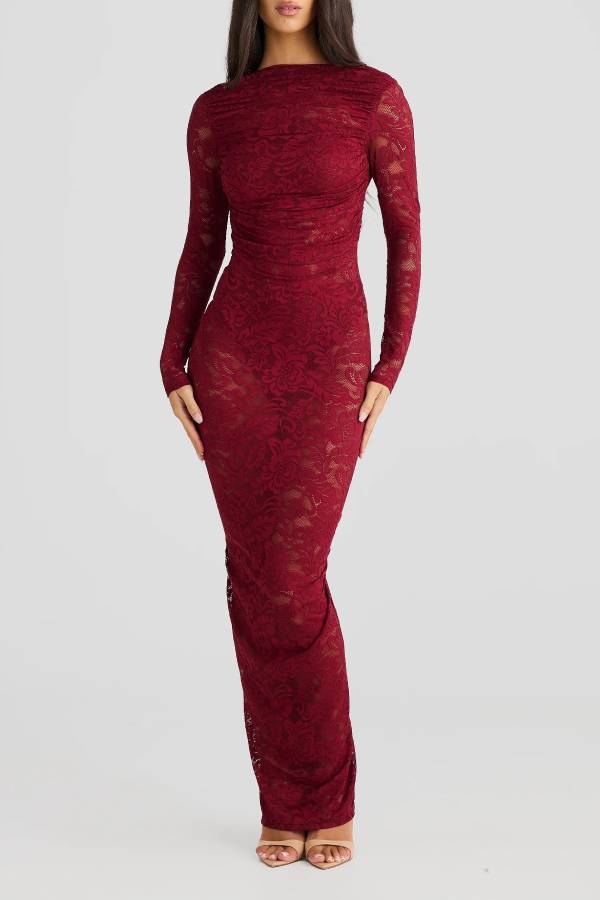 Lace pleated open back slim long dress