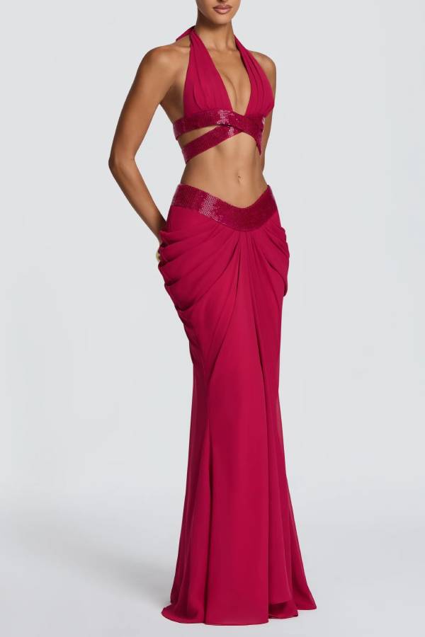 Sophie Chiffon Embellished Trim Crop Halter Tank and Dramatic Gathered Drape Maxi Skirt Set