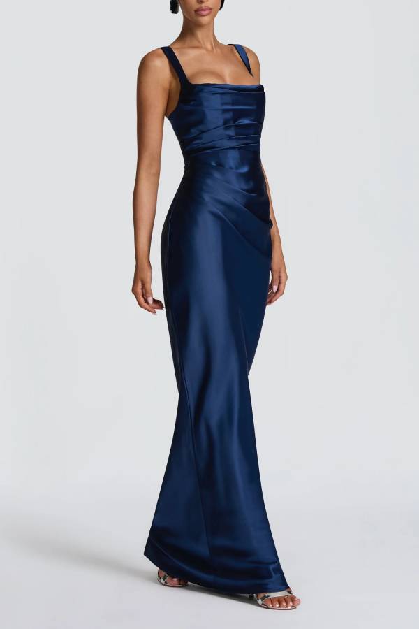 Square Neck Wide Strap Satin Ruched Mermaid Long Evening Dress