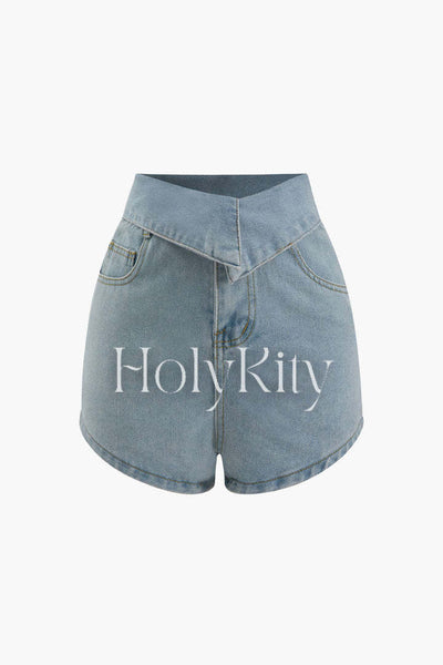Foldover Waist Denim Shorts