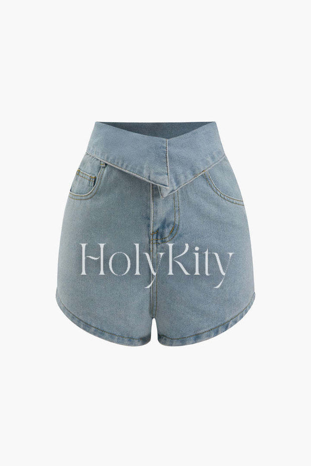 Foldover Waist Denim Shorts