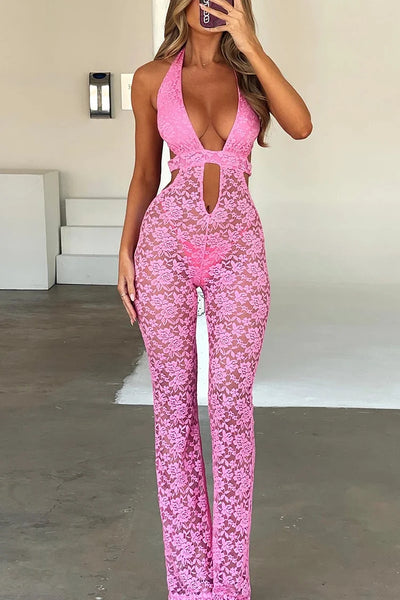 Irregular Halter Backless Tied Up Floral Jacquard Lace Party Slim-Fit Jumpsuit-Pink [Pre Order]